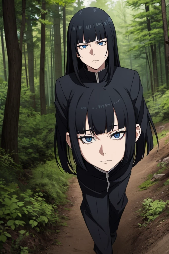 jujutsu kaisen screenshot of a woman with long straight black hair, with straight bangs, with slanted and small blue eyes, In a forest,with mature face, season 2, and with the jujutsu kaisen uniform 