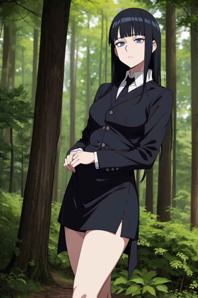 jujutsu kaisen screenshot of a woman with long straight black hair, with straight bangs, with slanted and small blue eyes, In a forest,with mature face, season 2, and with the jujutsu kaisen uniform