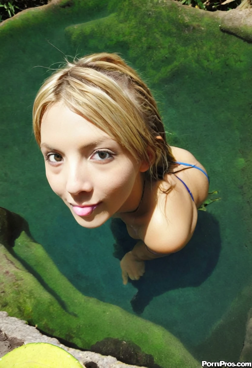 a naked dirty blond hair Polynesian girl with blue eyes, she is standing and smiling, a beautiful waterfall is in the back ground