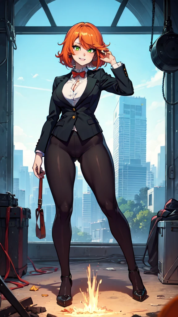 (8K, best quality, masterpiece:1.2), (Practical, photo-Practical:1.37), Extremely detailed, 1 female, Solitary, Great muscles, (Huge breasts, Beautiful and delicate eyes), (Smile:1.2), (Shut up), Standing posture, Depth of Field, Dark, intense shadows, Clear focus, Good composition, (Red and swollen nose), 单面Elbow pads, Ankle boots, Black Hair, Red Boots, Elbow gloves, Elbow pads, Fingerless gloves, Good exercise, (Black suspender dress), High Leg Raise, White vest, whole body, Headrest, Lips, Pretty Face, Low-tied long hair, (night:1.3), complex, Bokeh, light, Photon Mapping, Radiosity, Physically Based Rendering, (Tetsuya Nomura style), Not suitable for working hours, Perfect breasts