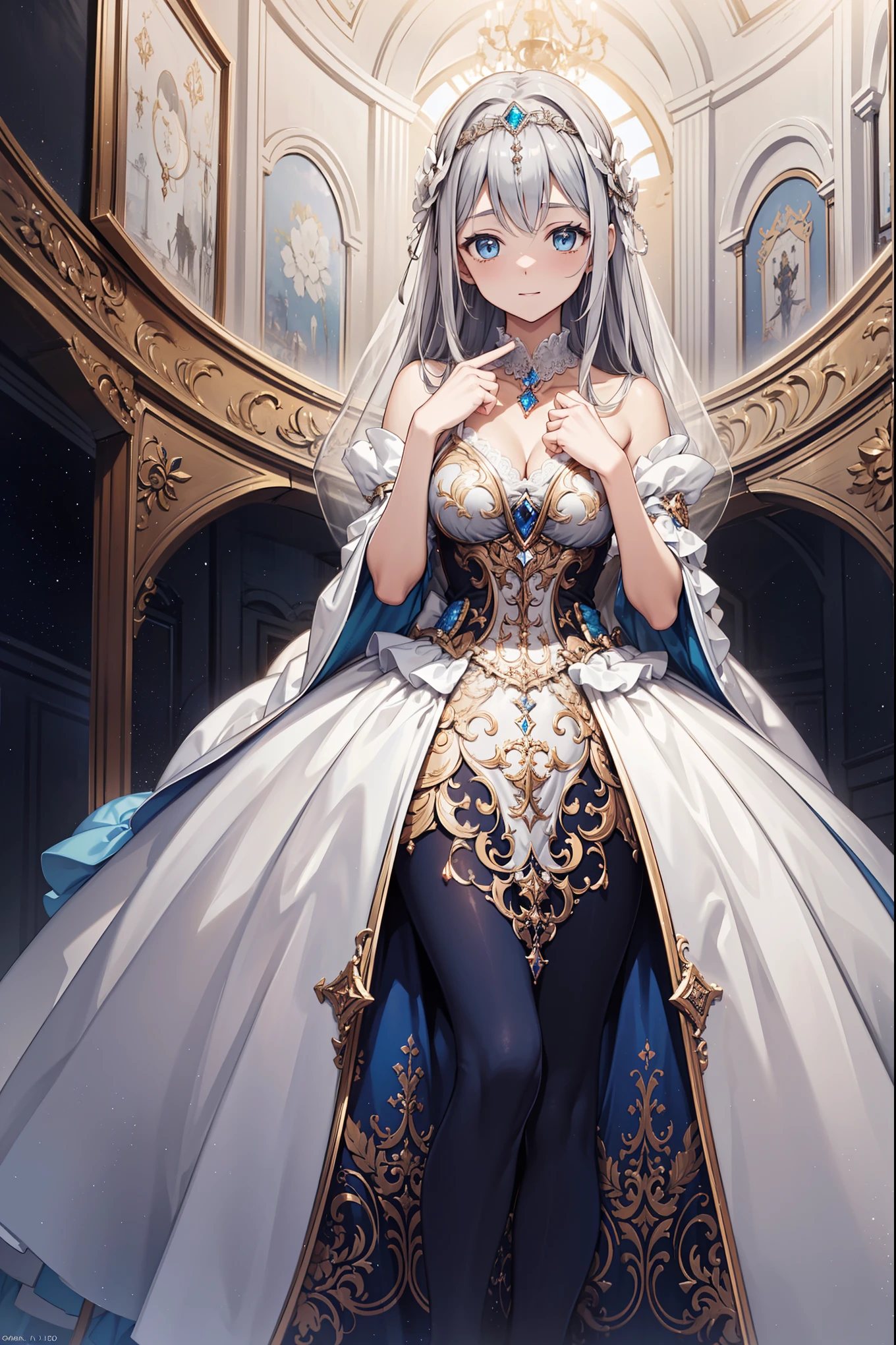 (best quality,4K,8K,high resolution,masterpiece:1.2),Extremely detailed,,,magic,enchanting,joy,Holy Goddess,magical effect,Silver Hair,blue eyes,Luxurious evening dresses,Beautiful decoration,Features of the magical costumes of the heavens,A small amount of sky blue cloth,Exquisite clothing,Layered Skirt,detailed lace,Delicate ruffles,bedroom,Solitary,night,Lace pantyhose,Sacred stripes,Transparent clothing,jewel embellishment