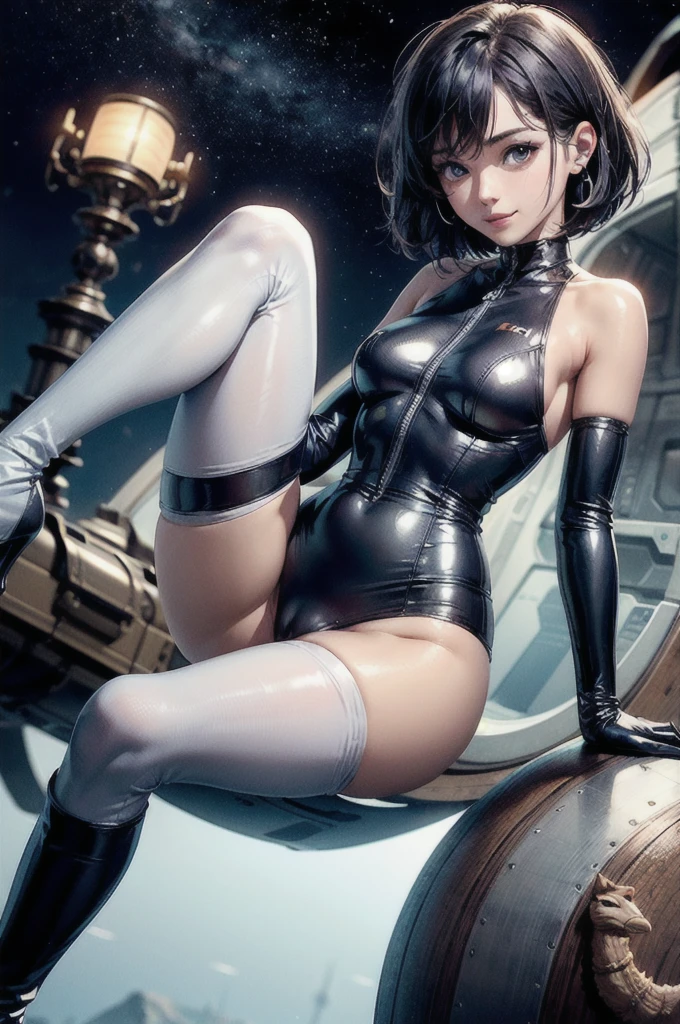 (masterpiece、Highest quality、Highest Resolution、clear_image、Detailed explanation): (Full body photo、、The Face of Japan、Small face、thin、Navy blue super short bob、blue eyes、Blue and black shiny aviator suit、Armor to protect the chest、Tight clothing、Clothing that covers the entire body、leggings、Very delicate and beautiful、hide thighs、Hide your ass、Cute type、A kind smile、Soft look、earphone、Knee-high boots、The gloves are elbow-length、Shoot at eye level、face directly、Woman on a spaceship), (((Camel Toe))), ((Plain white tights))