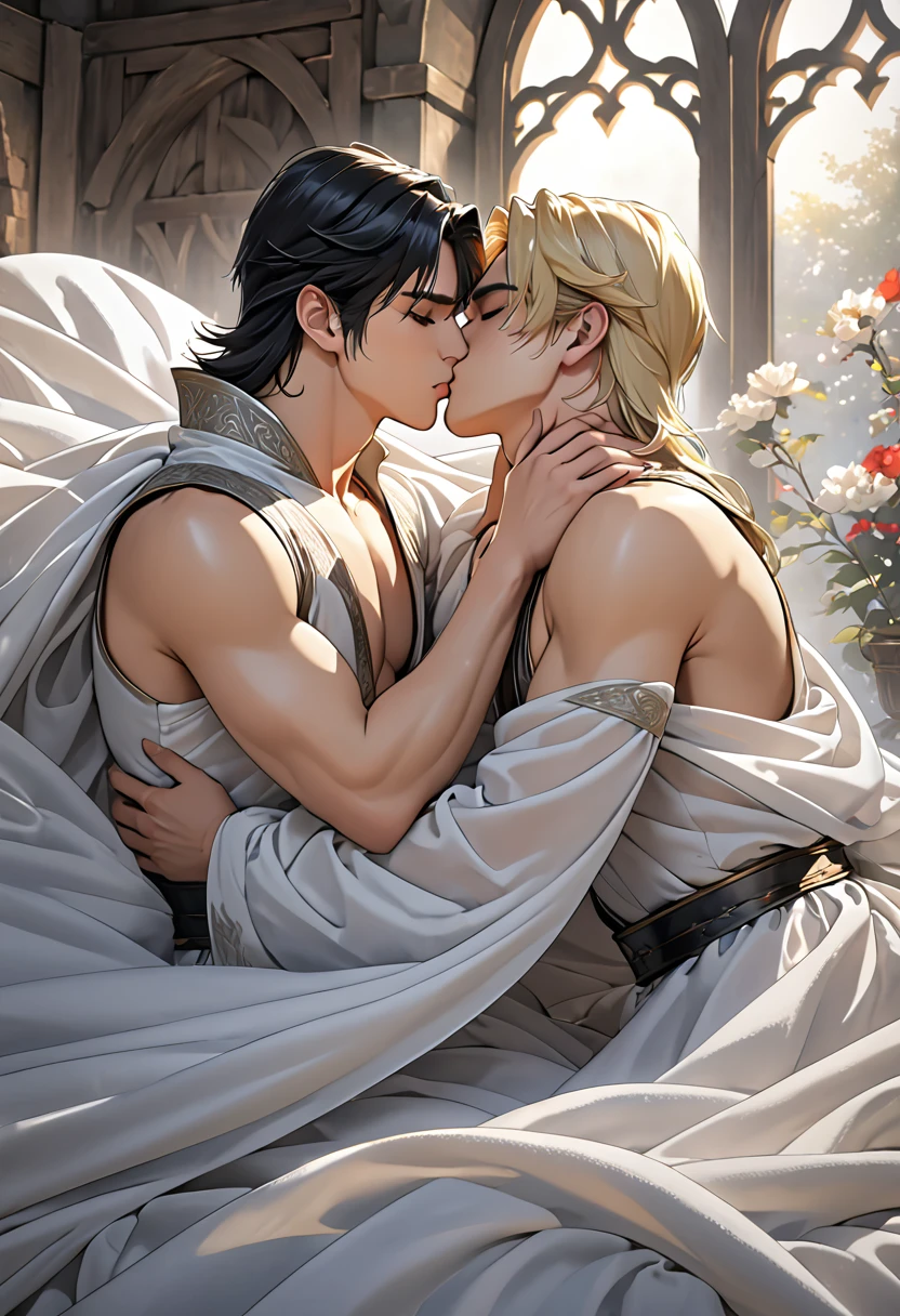 2 sexy males 25 year old, anime elves in a sensual pose medieval poster bed kissing under the sheer sheets, kissing each other, long blond/black hair, perfect intimate position, perfect composition, perfect hands and face, masterpiece, black/white color, UHD, 32k, perfect composition,