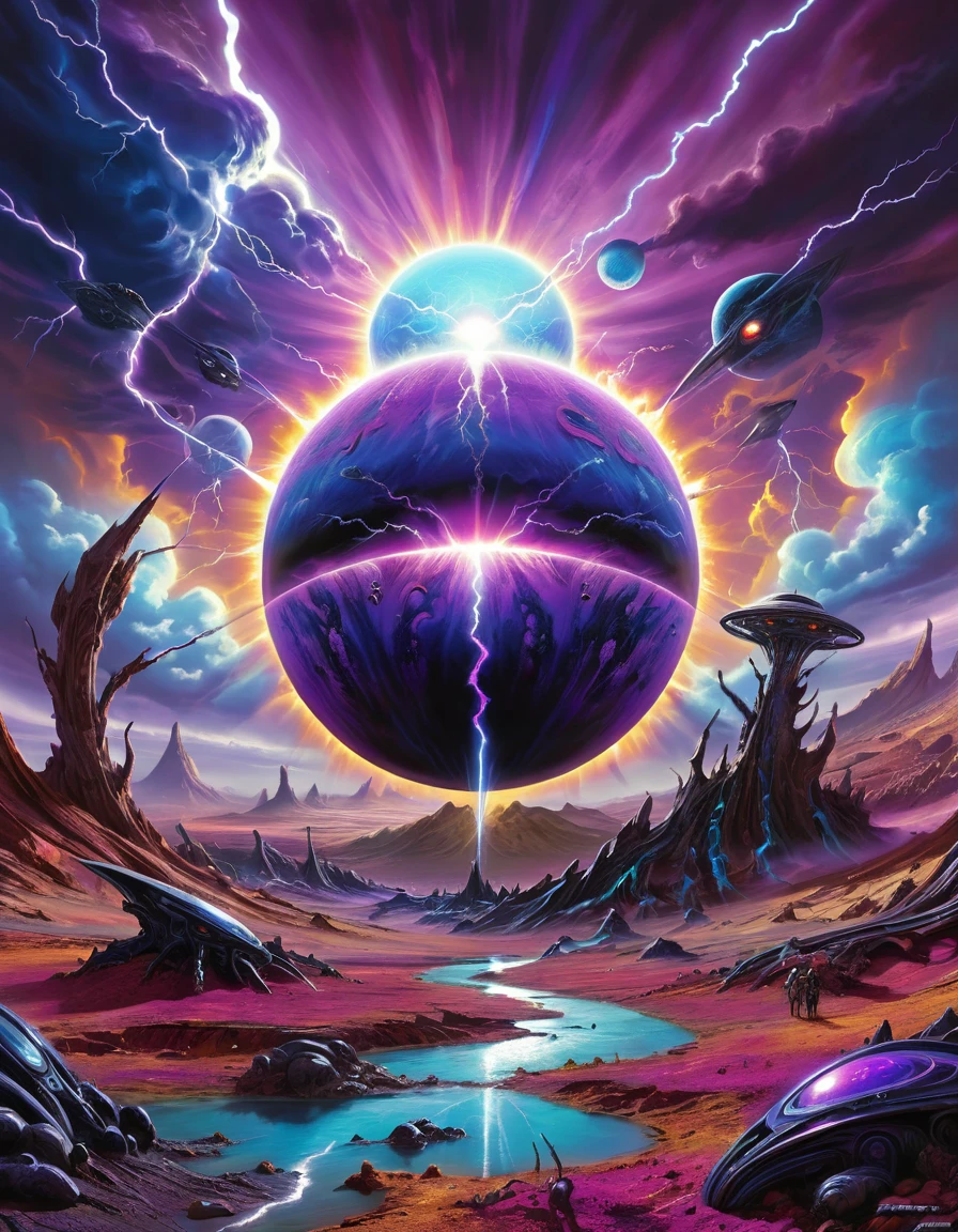 Make a photorealistic digital image of the surface of an alien planet, strange colors and hues color the landscape in a cacophony of color, strange alien creatures can be seen roaming the landscape, an enormous blue and purple sun dominates the sky, black bolts of lightning in the air, 16K, epic detail, epic composition, sci-fi.