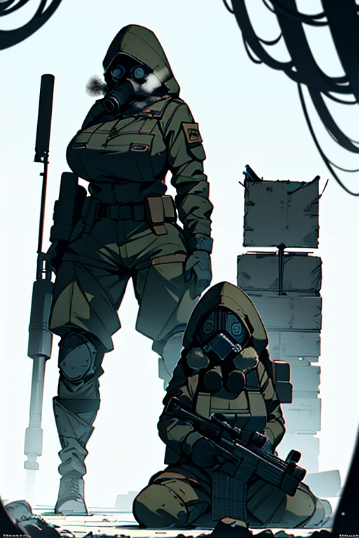 Russian soldier with gas mask and rifle in snowy area, military photography, invierno nuclear, soldier with a gas mask, equipo camuflado, soldado femenino en el bosque, Cazadora solo en el desierto,Female,Massive thights,Wide Hips,Person wearing gas mask, modern equipo militar, ropa del futuro soldado, equipo militar, ropa de soldado completa, resting after a hard mission, in a post apocalyptic setting,Wide Hips,Big Breast,HyperAss,Muscular,Abs,(gigantic :1.4),(Milf:1.4)