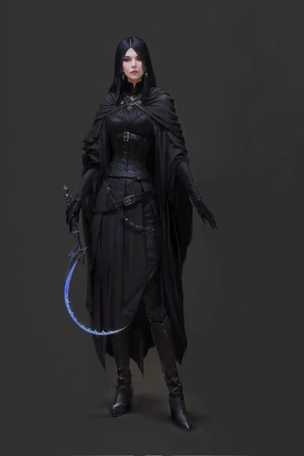 full length, thin sorceress with black hair, in medieval black neat clothes (black robe, a corset, belts, silver jewelry on the neck, high leather boots), holding a sickle in one hand, in another staff with a crescent-shaped pommel, look cute