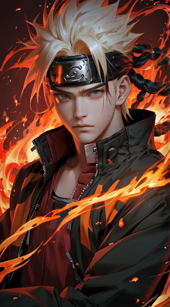  character with fire and flames in his hair, badass 8 k, naruto artstyle, 
