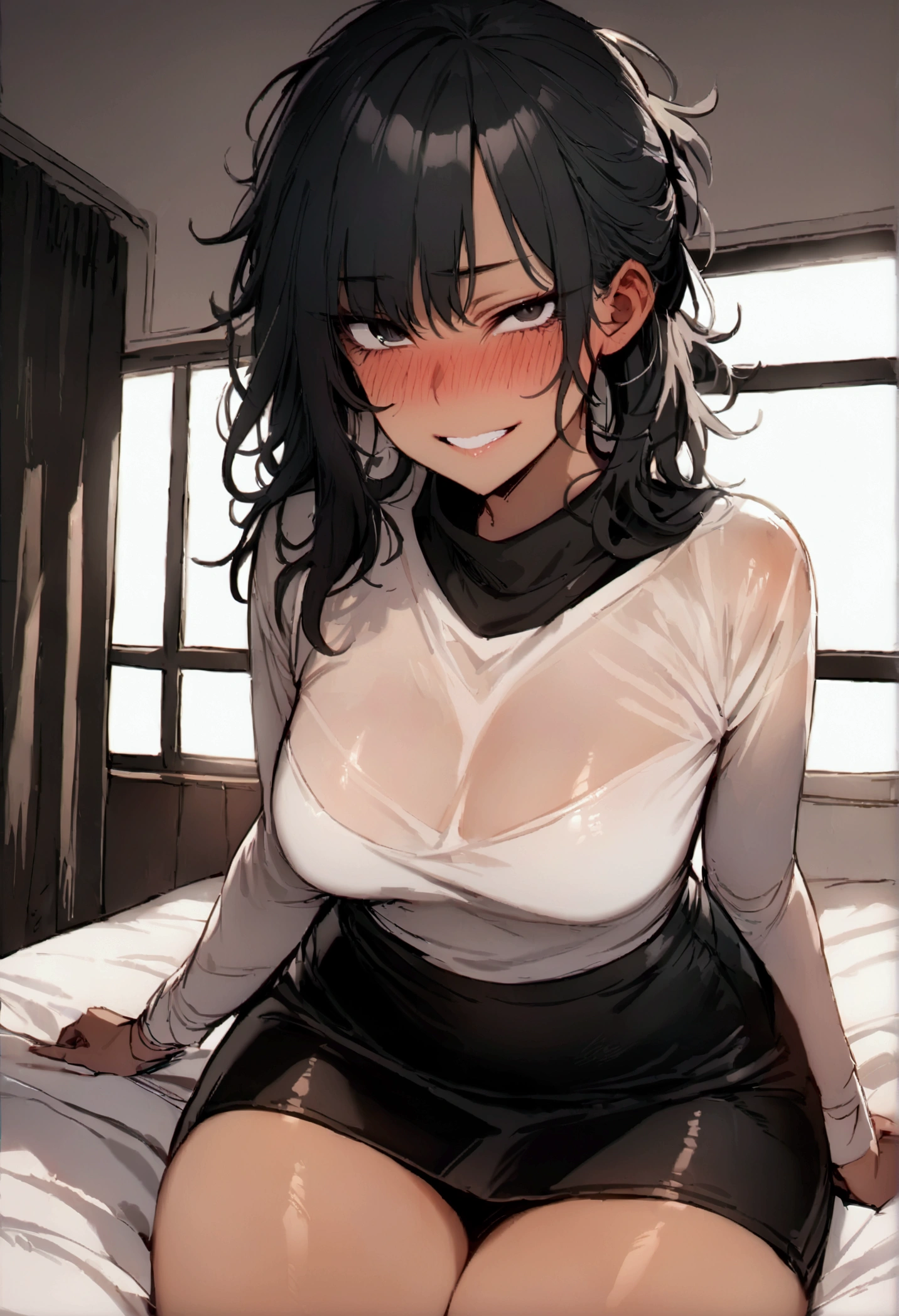 masterpiece, best quality 1girl, solo, beautiful woman, dark tanned skin, bangs, black hair, shoulder length messy hair, black eyes, deep blush, grin, medium breasts, black turtle neck sweeter, short black skirt, plated skirt, looking at viewer sitting on bed