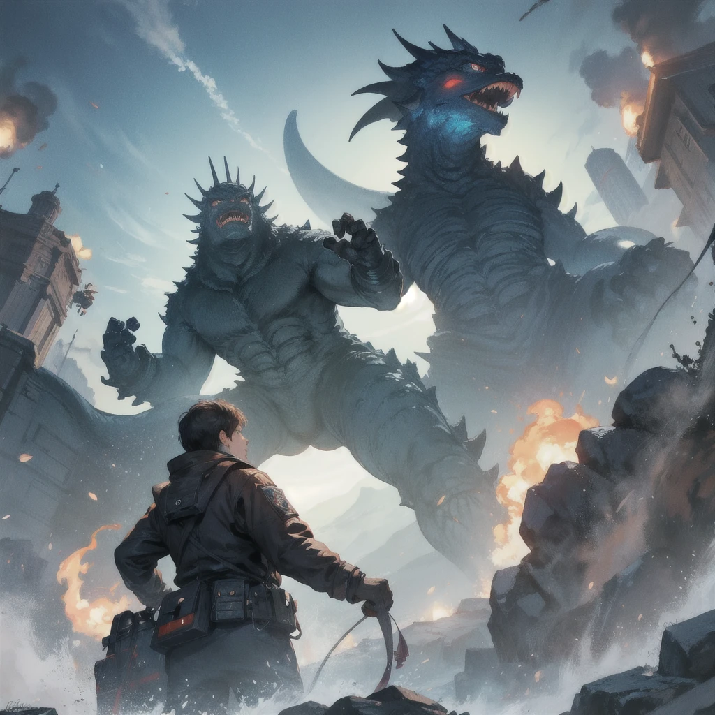 Hibino Kafka as kaiju number 8 in an apocalyptic battle scenario fighting with Kaiju number 9