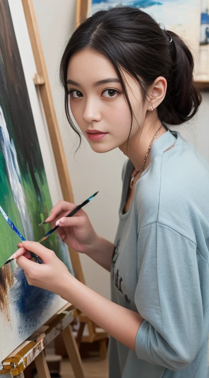 Please draw a beautiful woman who is an artist painting a picture。She has a painting palette and brushes、Wearing casual clothes。Black Hair