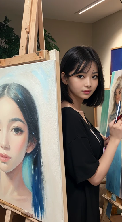 Please draw a beautiful woman who is an artist painting a picture。She has a painting palette and brushes、Wearing casual clothes。Black Hair