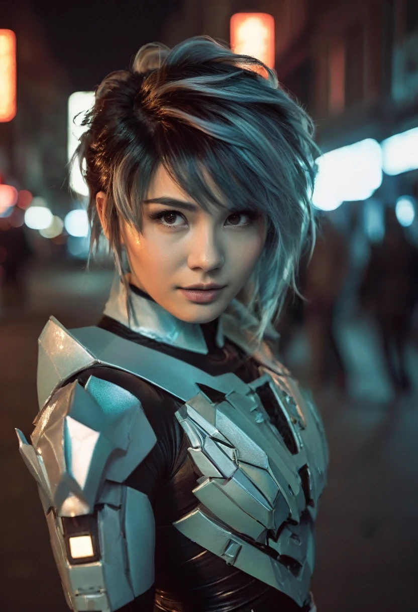 (realistic analog style sharp focus 8k raw photo with soft lighting and high quality:1.1), (hdr film grain:1.2),movie poster, a cute woman wearing a shiny (textured:1.2) (intricate:1.2) cyborgcosplay in a dark street at night, (cinematic hairstyle:1.2)
