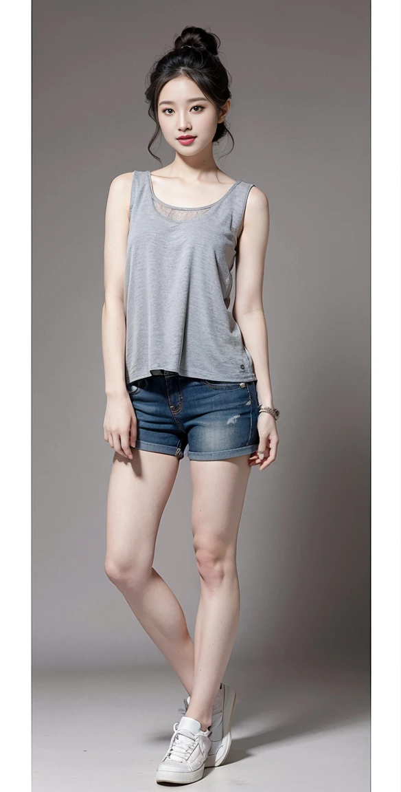 (Casual Hairstyle, plum bossom:1.2), (Details Grey Camisole Short Vest 1.1), Full body
