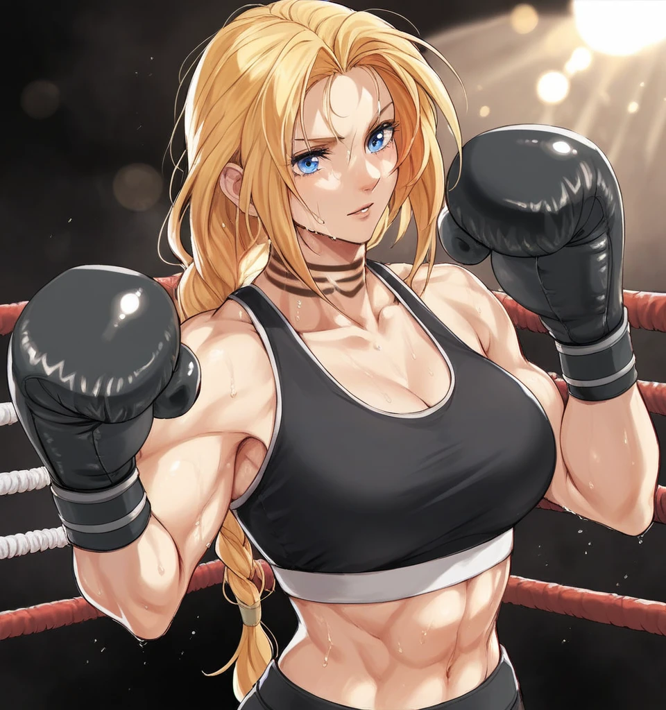 score_9, score_8_up, score_7_up, score_6_up, Detailed Background, BREAK
 koasmirage, 1girl, long hair, sports bra, klausian neck markings, sweating,blonde hair, blue eyes, single braid,BREAK
boxing ring, boxing gloves, mma,