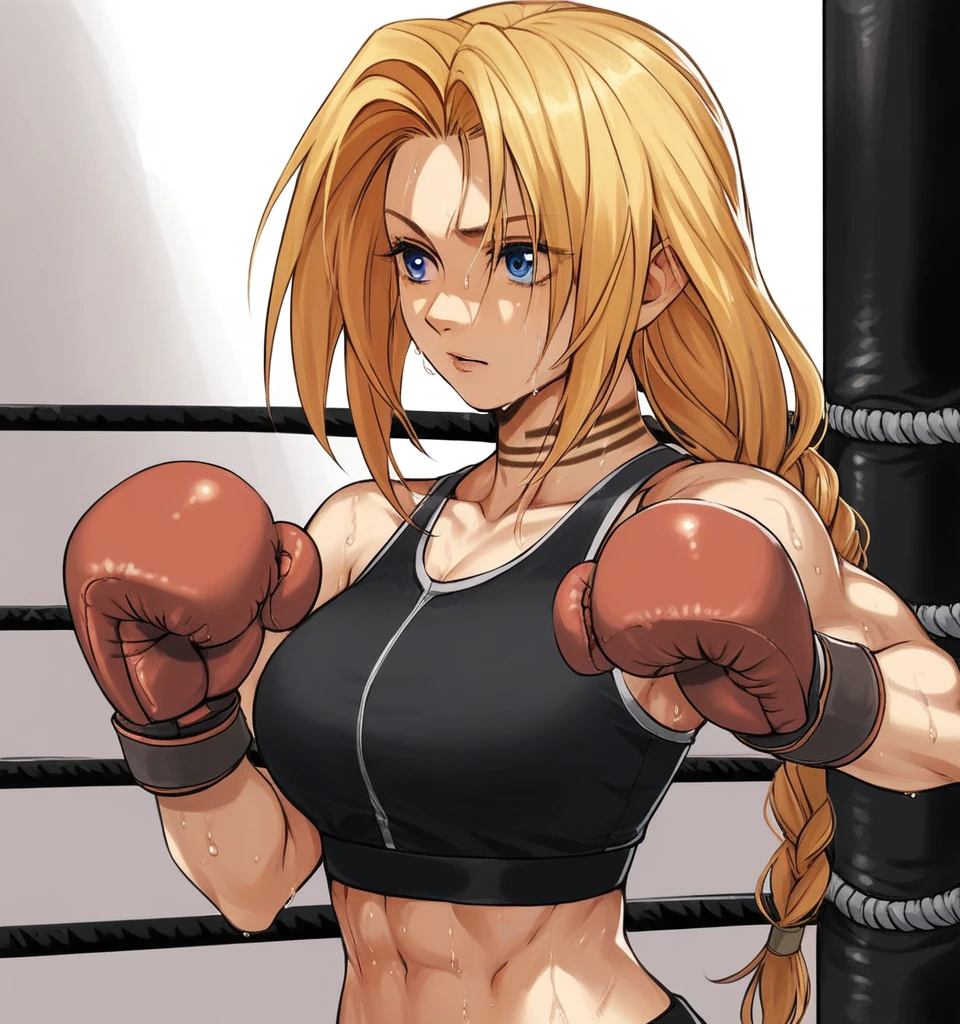 score_9, score_8_up, score_7_up, score_6_up, Detailed Background, BREAK
 koasmirage, 1girl, long hair, sports bra, klausian neck markings, sweating,blonde hair, blue eyes, single braid,BREAK
boxing ring, boxing gloves, mma,