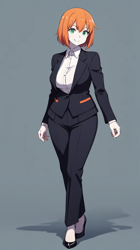 1girl, sexy, white skin, anime woman, happy, glowing green eyes, extremely short glowing orange hair, wearing a suit, full body