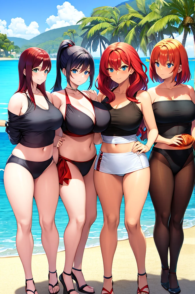 many women, one with red hair, another with blonde, another with black hair, super sexy in the background of the beach