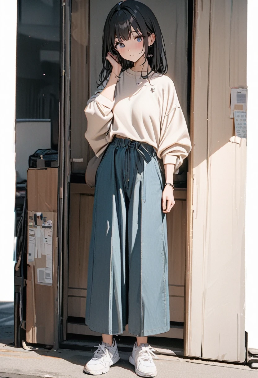 (Masterpiece, Best picture quality: 1.2, 8K), centered, full length, one girl, Japanese casual fashion, wide pants, simple sneakers, simple background, white background #ffffff,, eyes open