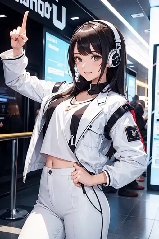A girl  ,pointing with hands at a sign ,On the right ,with white clothes ,White pants ,black jacket,headphones,beautiful smile,the most better
