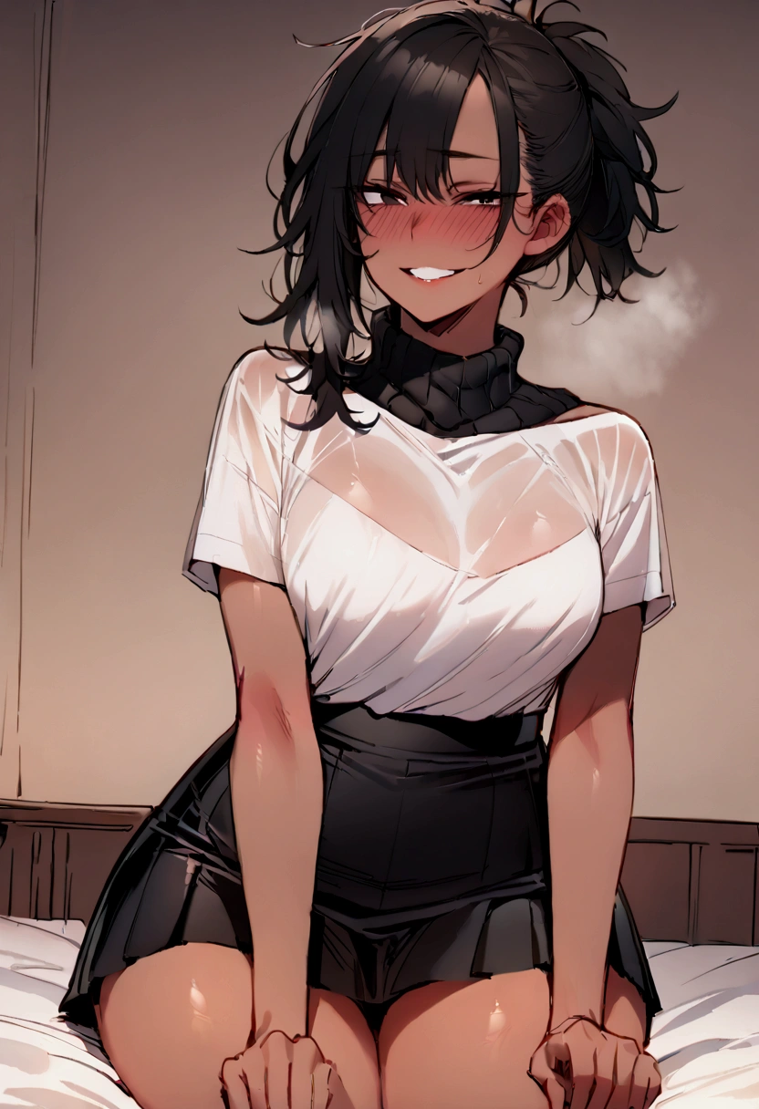 masterpiece, best quality 1girl, solo, beautiful woman, dark tanned skin, bangs, black hair, shoulder length messy hair, black eyes, deep blush, grin, medium breasts, black turtle neck sweeter, short black skirt, plated skirt, looking at viewer sitting on bed