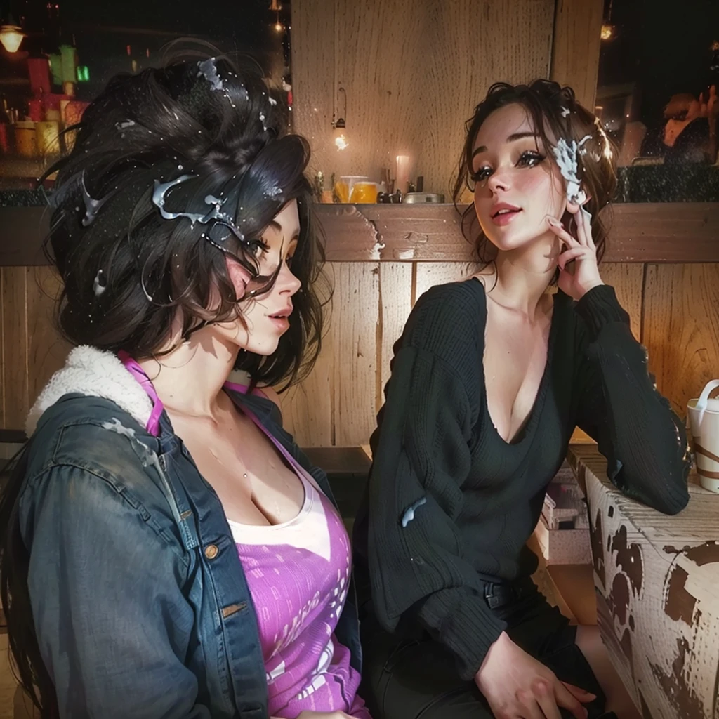 there are two women sitting at a table talking to each other, candid shot, shot from the side, at the , at a bar, with a figure in the background, private moment, over the shoulder shot, taken in night club, side shot, over-shoulder shot, looking left, looking to the side off camera, over-the-shoulder shot, swallow cum, topless, happy