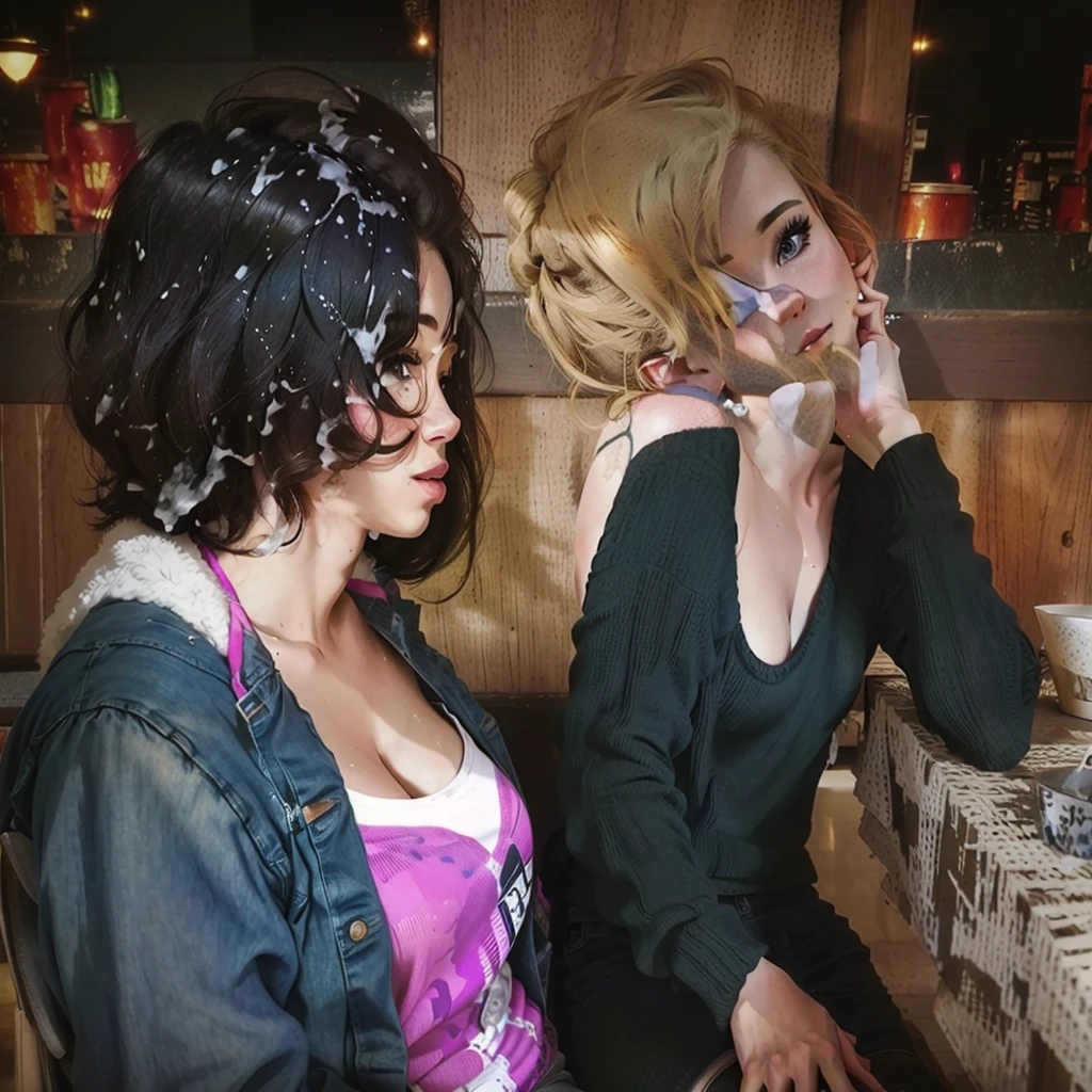 there are two women sitting at a table talking to each other, candid shot, shot from the side, at the , at a bar, with a figure in the background, private moment, over the shoulder shot, taken in night club, side shot, over-shoulder shot, looking left, looking to the side off camera, over-the-shoulder shot, swallow cum, topless, happy