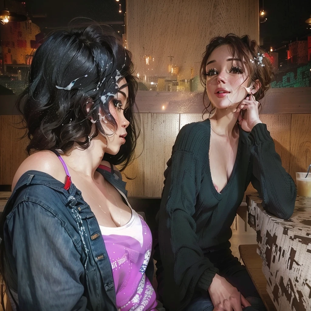 there are two women sitting at a table talking to each other, candid shot, shot from the side, at the , at a bar, with a figure in the background, private moment, over the shoulder shot, taken in night club, side shot, over-shoulder shot, looking left, looking to the side off camera, over-the-shoulder shot, swallow cum, topless, happy