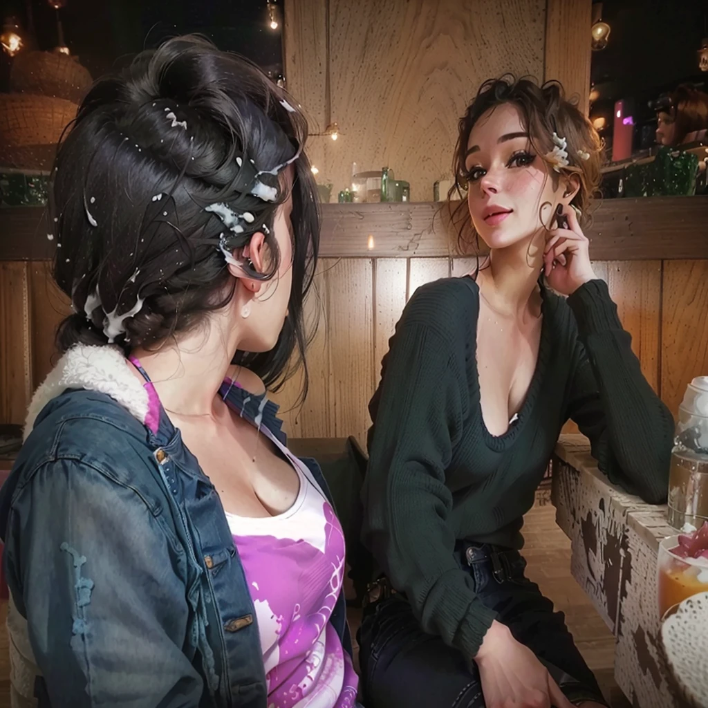 there are two women sitting at a table talking to each other, candid shot, shot from the side, at the , at a bar, with a figure in the background, private moment, over the shoulder shot, taken in night club, side shot, over-shoulder shot, looking left, looking to the side off camera, over-the-shoulder shot, swallow cum, topless, happy