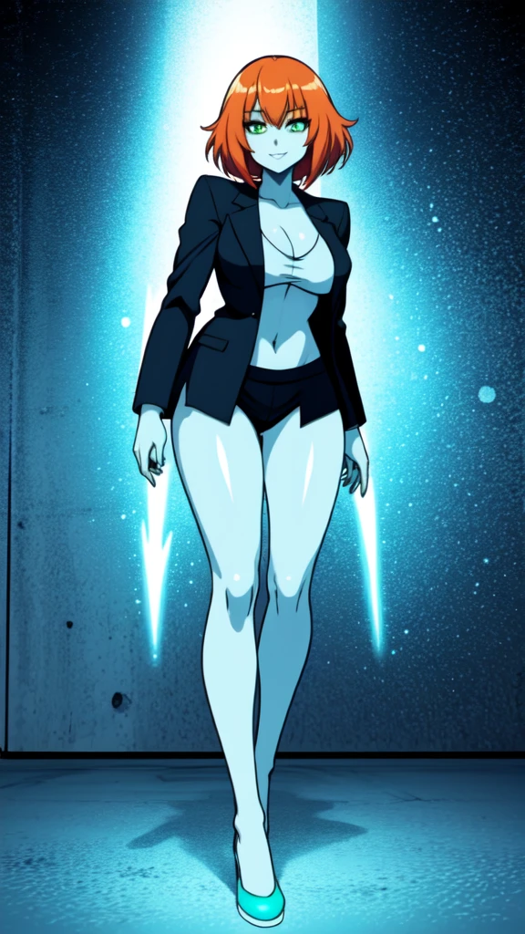 1girl, sexy, white skin, anime woman, happy, glowing green eyes, extremely short glowing orange hair, wearing a suit, full body