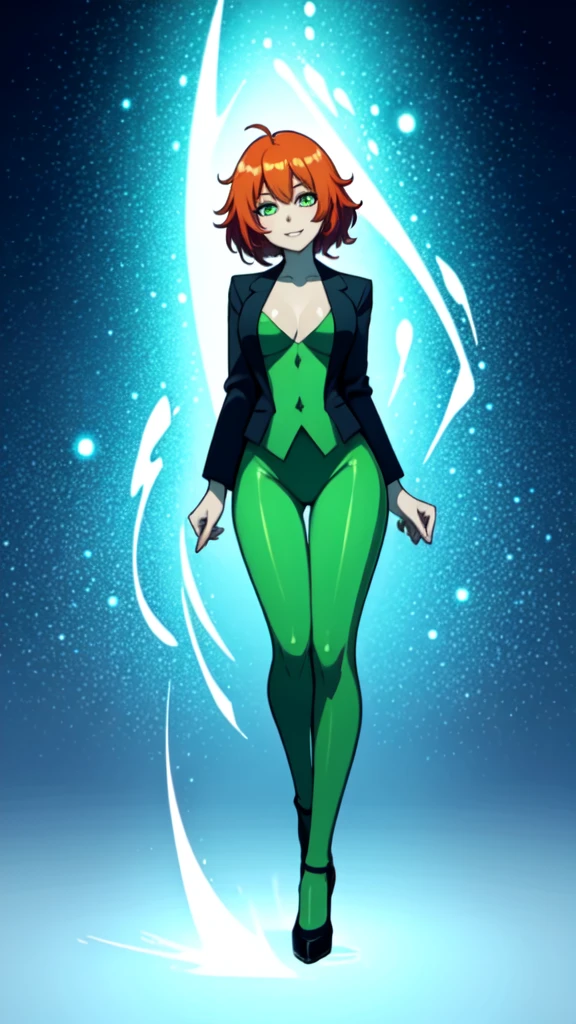 1girl, sexy, white skin, anime woman, happy, glowing green eyes, extremely short glowing orange hair, wearing a suit, full body