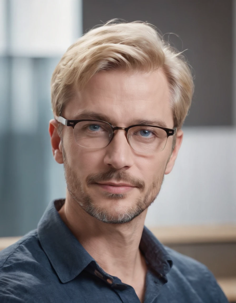 Handsome man, 45 years old, blonde hair, short hair, short beard, wearing glasses, blue eyes, fair skin, professor, lecture in class