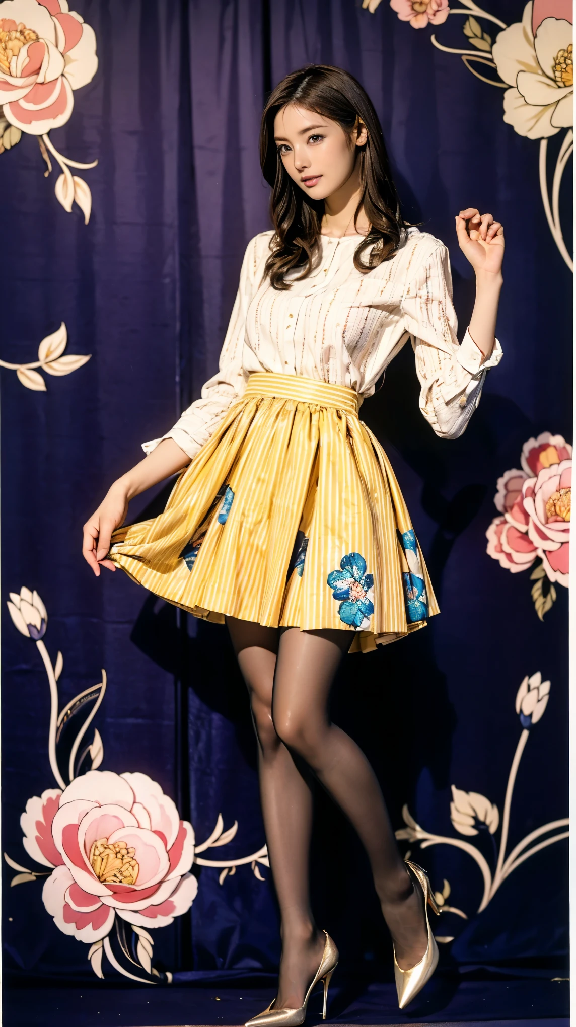((masterpiece)),(((Highest quality))),Thin thighs,Long legs,whole body:1.5,(One Girl:1.3),(Black pantyhose and thick pointy heels:1.3),(Wearing a mid-length flared skirt dress with a floral stripe pattern:1.2),Short blonde:1.2、Good pose:1.5
