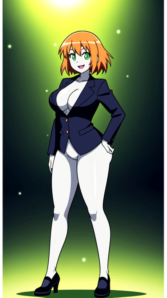 1girl, sexy, white skin, anime woman, happy, glowing green eyes, extremely short glowing orange hair, wearing a suit, full body