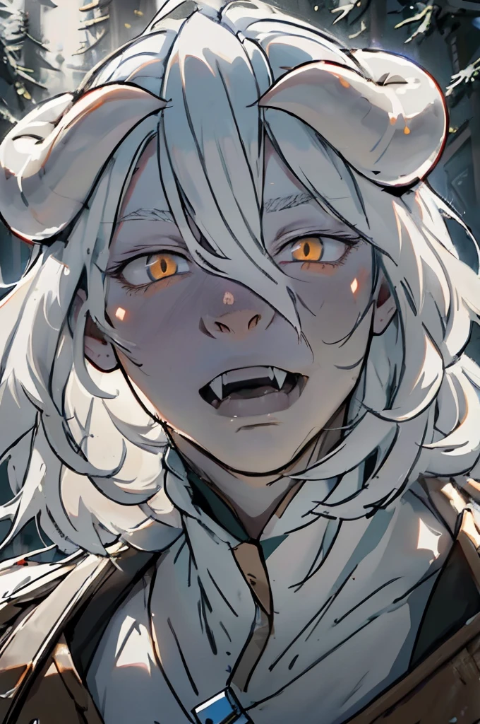 Male with flowing white hair, twisting Horns, big fangs, pale white skin, long fluffy white goat legs, slick long tail, furless tail.