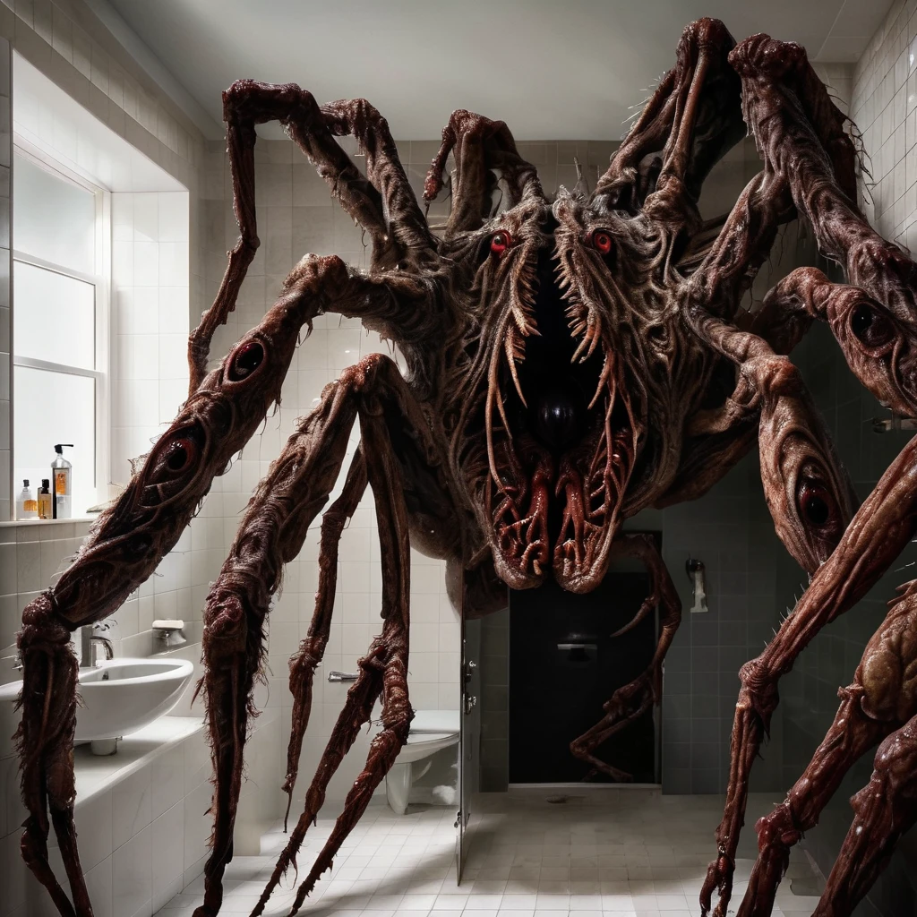 realistic photo of a huge ab0m monster spider ((in the bathroom)), terrifying, scary many eyes,detailed