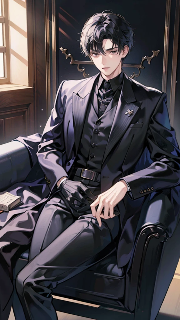 boy with black hair, handsome, wearing a black suit,This user is sitting on his throne.