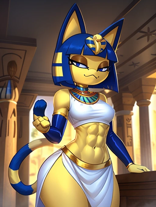 ((masterpiece)), ((best quality)), ((perfect face)), trending on artstation, furry, furry style , anthro style, digital artwork of a sexy ankha with rock hard abs, a bare midriff and a bare navel wearing a crop top of her sleeveless white Egyptian dress with long white Egyptian dress skirt, blue Egyptian handbands, yellow and blue fur, cat, tail, female, Egyptian setting, smug face