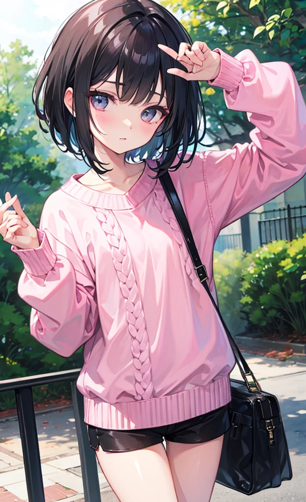 Black short hair Medusa，Gray pink sweater，Small tricks，Gallant