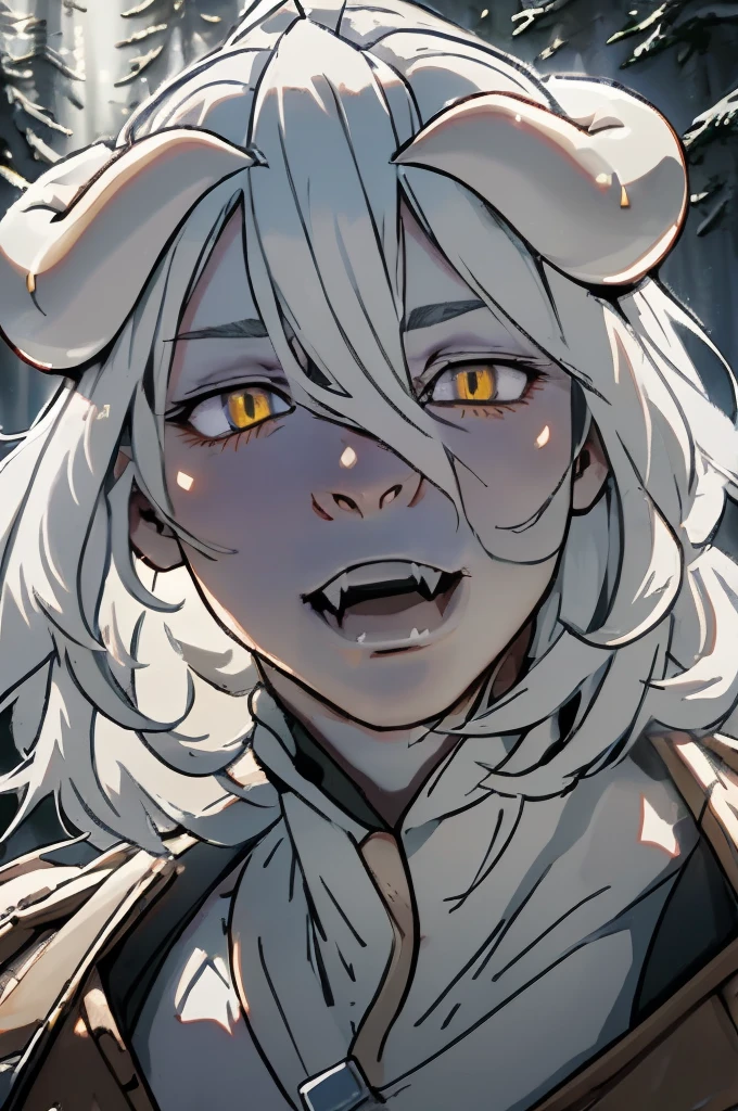 Male with flowing white hair, twisting Horns, big fangs, pale white skin, long fluffy white goat legs, slick long tail, furless tail.