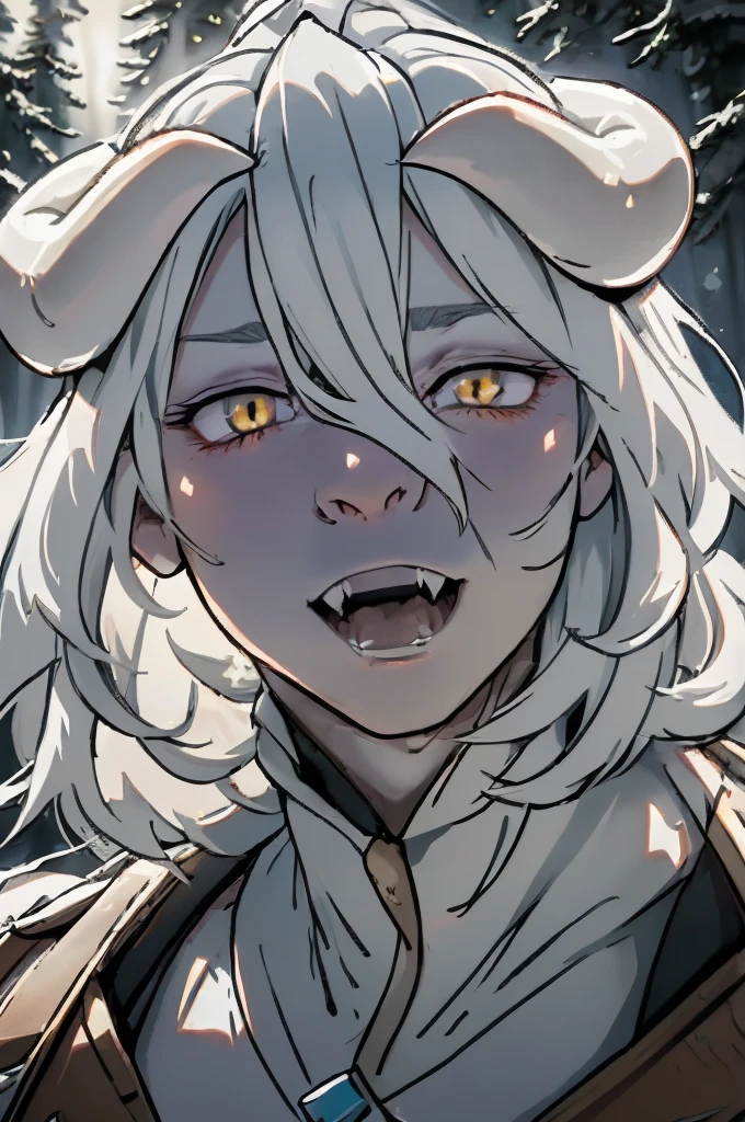 Male with flowing white hair, twisting Horns, big fangs, pale white skin, long fluffy white goat legs, slick long tail, furless tail.