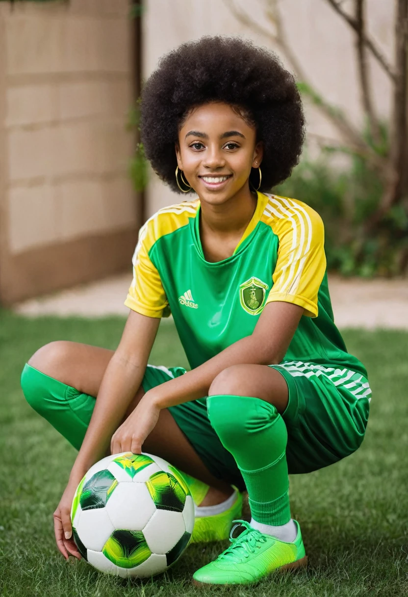 16 year old afro girl with green and yellow sports soccer set, holding a soccer ball
