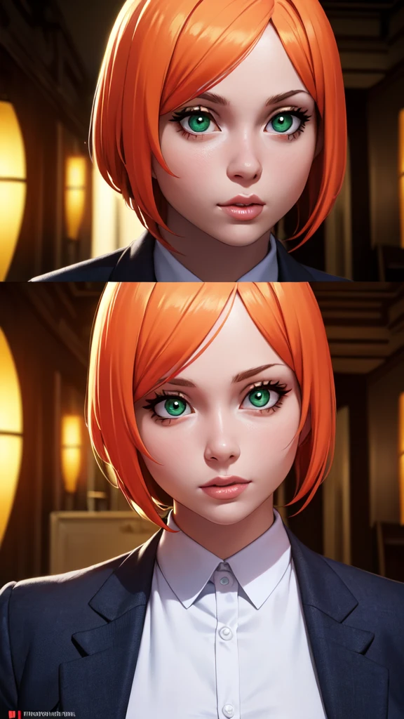 1girl, beautiful detailed eyes, beautiful detailed lips, extremely detailed eyes and face, long eyelashes, sexy, fair skin, anime-style, glowing green eyes, extremely short glowing orange hair, wearing a formal business suit, full body, (best quality,4k,8k,highres,masterpiece:1.2),ultra-detailed,(realistic,photorealistic,photo-realistic:1.37),concept art,intricate details,vibrant colors,dramatic lighting,cinematic