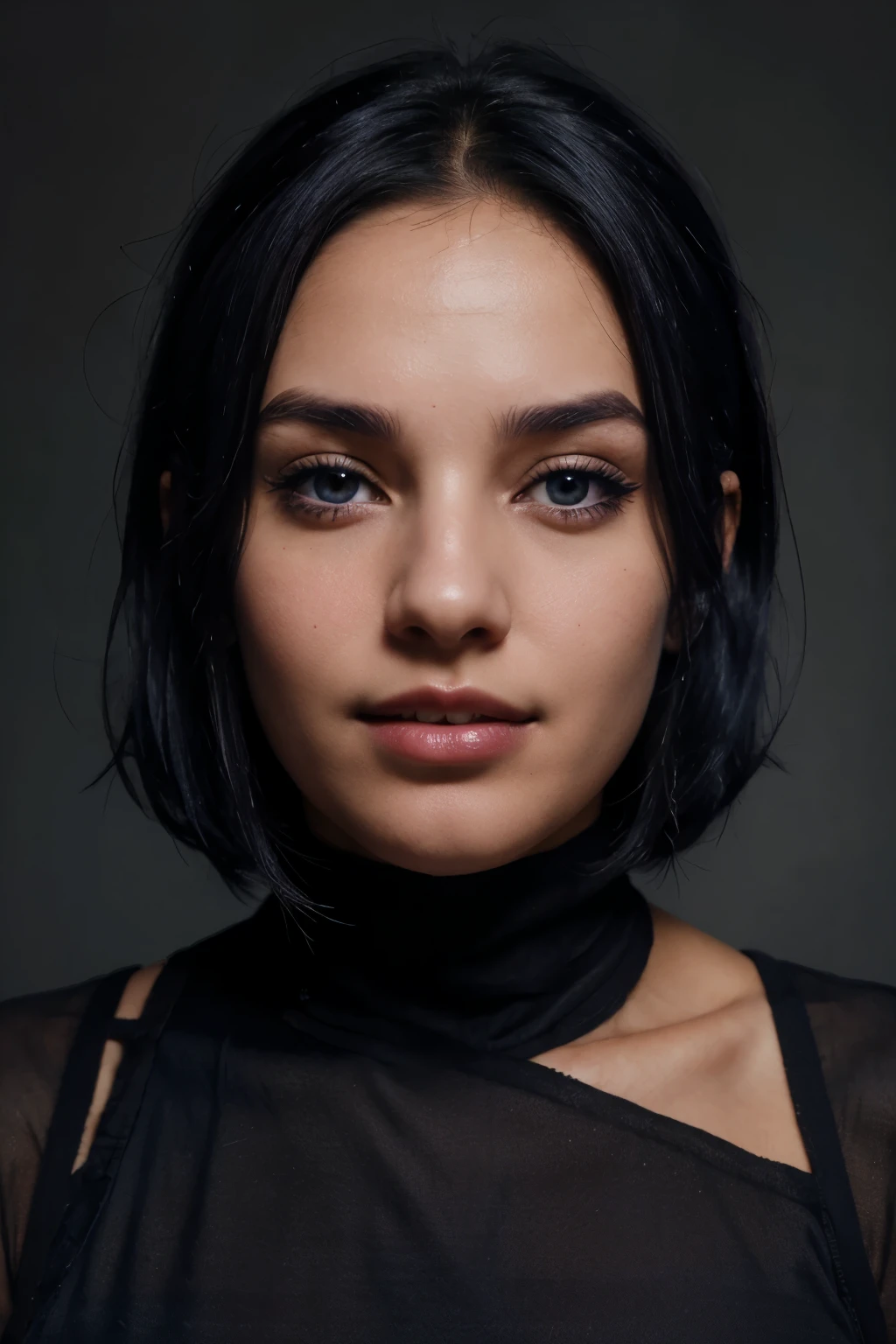 face portrait‚side profille‚dark aura covering everything from the forehead to the nose‚ dark blue hair‚ mouth slightly open‚ sharp teeth