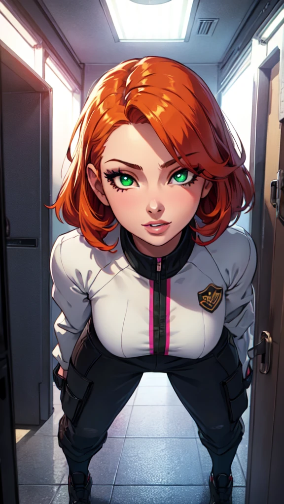 1girl, anime woman, beautiful detailed eyes, beautiful detailed lips, extremely detailed eyes and face, long eyelashes, glowing green eyes, extremely short glowing orange hair, white skin, happy, wearing a suit, full body, studio lighting, 4k, 8k, highres, masterpiece:1.2, ultra-detailed, realistic, photorealistic:1.37, vibrant colors, cinematic lighting