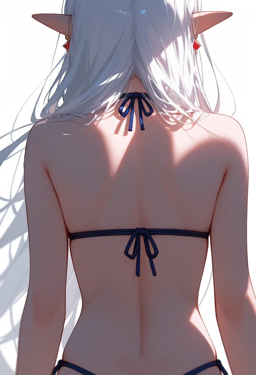 1girl, solo, Frieren, white hair, long hair, pointy ears, green eyes, from behind, facing away, close-up, bare shoulders, swimsuit, bikini, earrings, back view, back covered by hair, arms on sides, upper body, white background, simple background, masterpiece, score_9, score_8_up, score_7_up, different views, different angles, magic, sexy