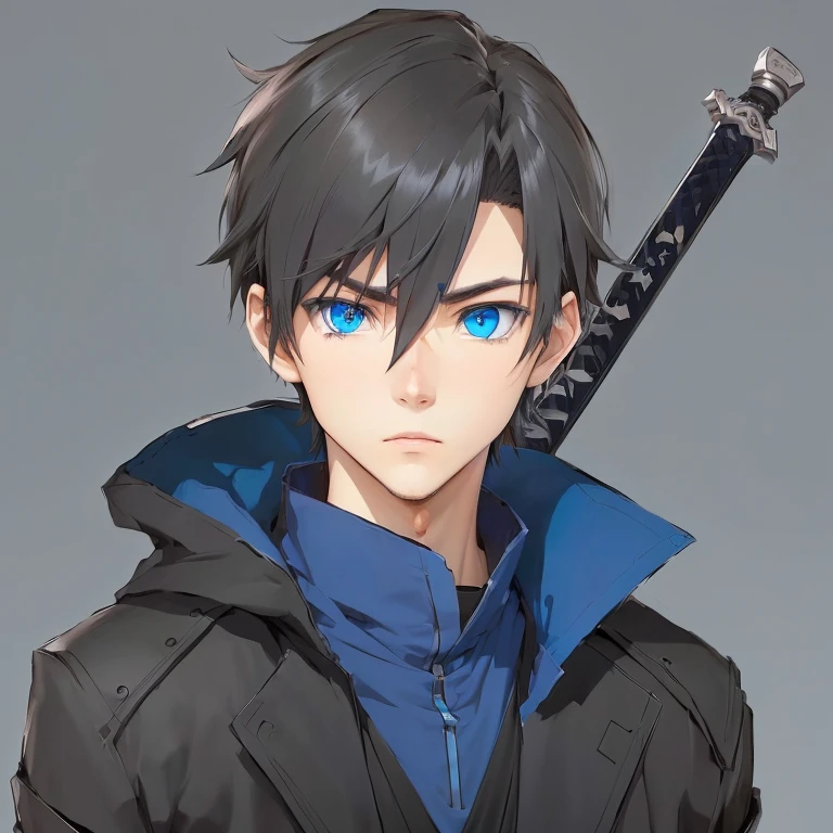 Boy Anime with blue eyes holding a sword in his hand, tall anime guy with blue eyes, young anime man, male anime character, okata kazuto, handsome anime man, anime style character, trigger anime art style, male anime style, Boy Anime, anime character, an angry teenage killer, Anime main art, inspired by Yamagata Hiro, kirito. Has bright, piercing blue eyes. The irises are large and circular, with an intense blue tone. The pupils are black and well defined. The expression in the character&#39;s eyes is one of determination and intensity..