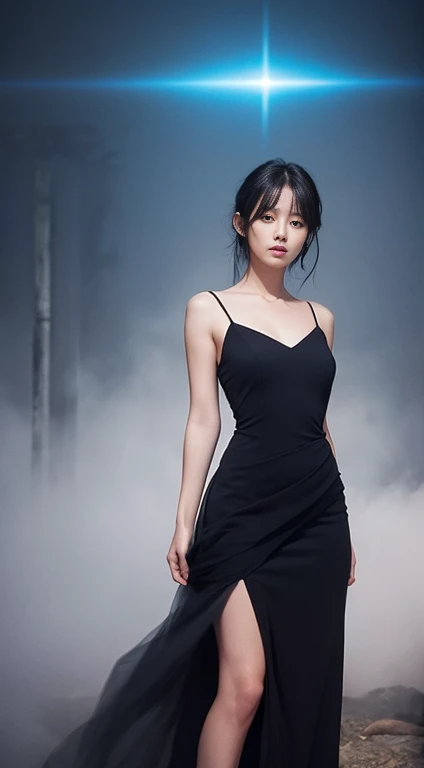 Please draw a beautiful woman with a mysterious aura.。She wearing a black dress、Standing in the fog。Black Hair