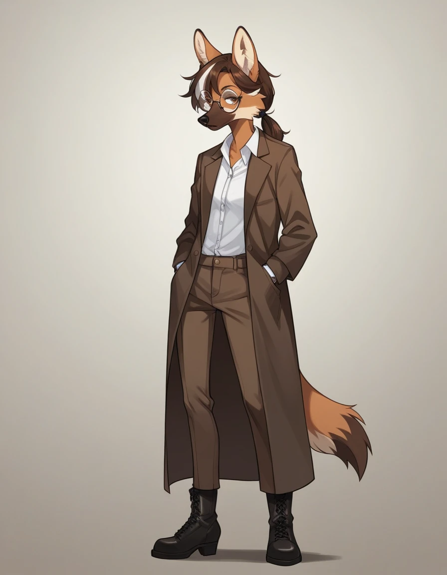 Solo, score_9, score_8_up, score_7_up, score_6_up, score_5_up, score_4_up, source_anime, Anthro furry girl, maned wolf, brown eyes, standing, tall and skinny, long legs, short brown hair, white tips on hair, white highlights on hair, low ponytail. side locks, jitome, bags under eyes, wearing brown detectives coat, dark brown pants, elegant black stiletto boots, wearing big round glasses, hands in pocket, 
