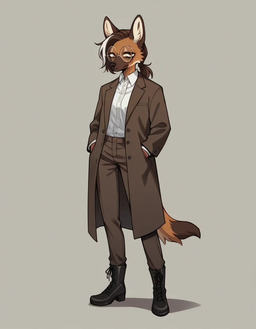 Solo, score_9, score_8_up, score_7_up, score_6_up, score_5_up, score_4_up, source_anime, Anthro furry girl, maned wolf, brown eyes, standing, tall and skinny, long legs, short brown hair, white tips on hair, white highlights on hair, low ponytail. side locks, jitome, bags under eyes, wearing brown detectives coat, dark brown pants, elegant black stiletto boots, wearing big round glasses, hands in pocket, 