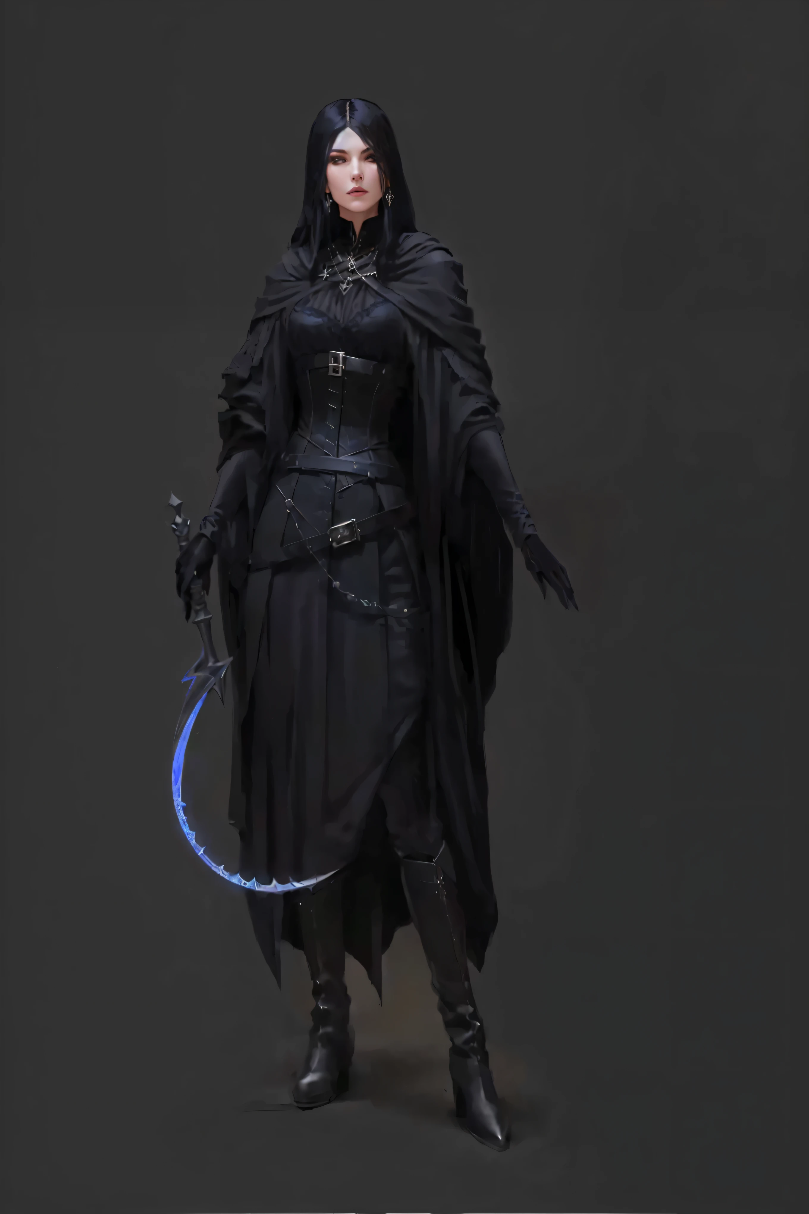 full length, thin sorceress with black hair, in medieval black neat clothes (black robe, a corset, belts, silver jewelry on the neck, high leather boots), holding a sickle in one hand, in another staff with a crescent-shaped pommel, look cute